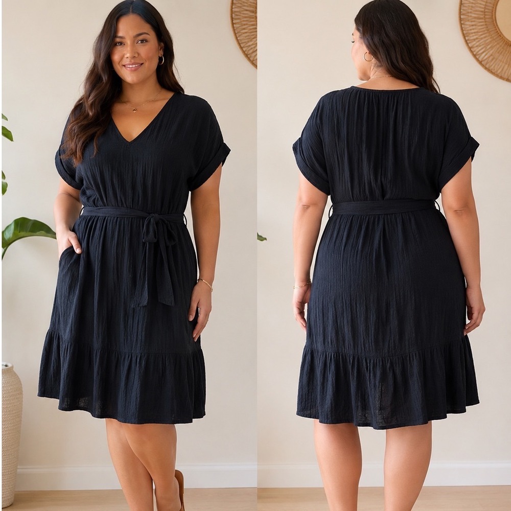 GAP Womens Black Crinkle Gauze V-Neck Midi Dress XXL NWT Tiered Tie Waist Pocket